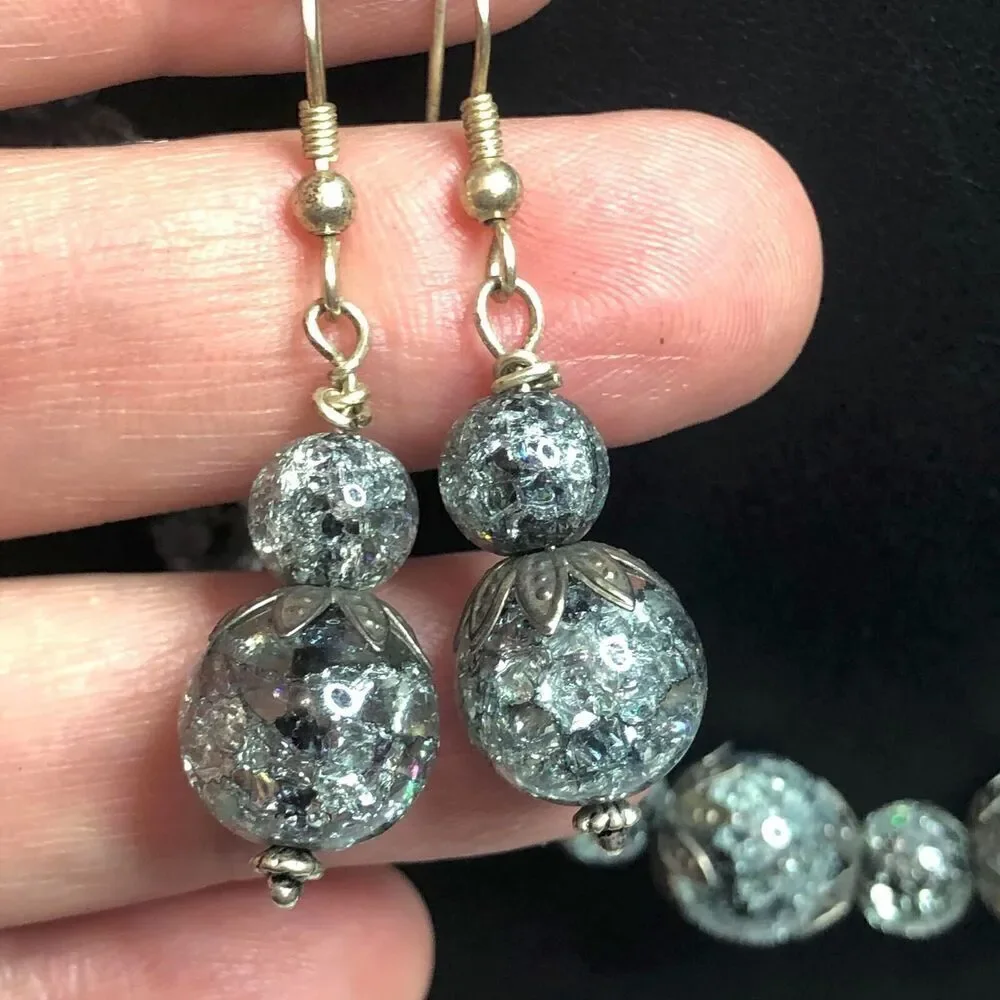 1491 Vintage crackled sparkle glass necklace & Earring sent 21" long - Picture 2 of 3